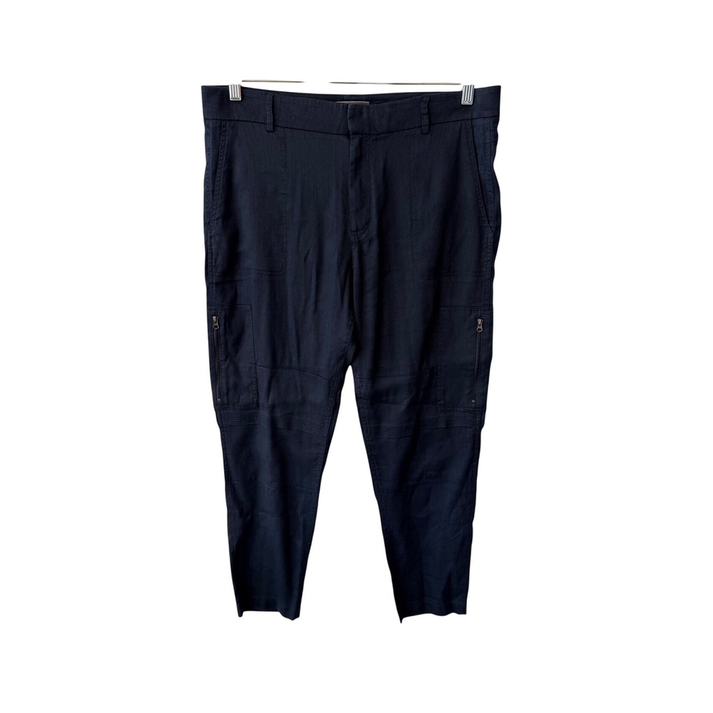 VINCE Navy Linen Blend Cargo Utility Minimalist Retro Luxe Ankle Pants Size 10